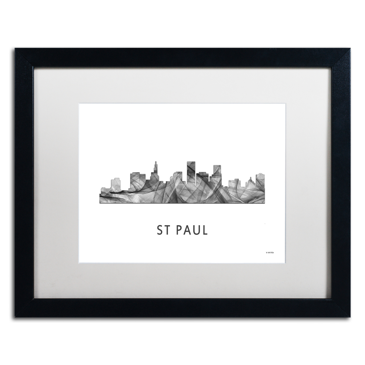 Marlene Watson 'St Paul Minnesota Skyline WB-BW' Black Wooden Framed Art 18 X 22 Inches