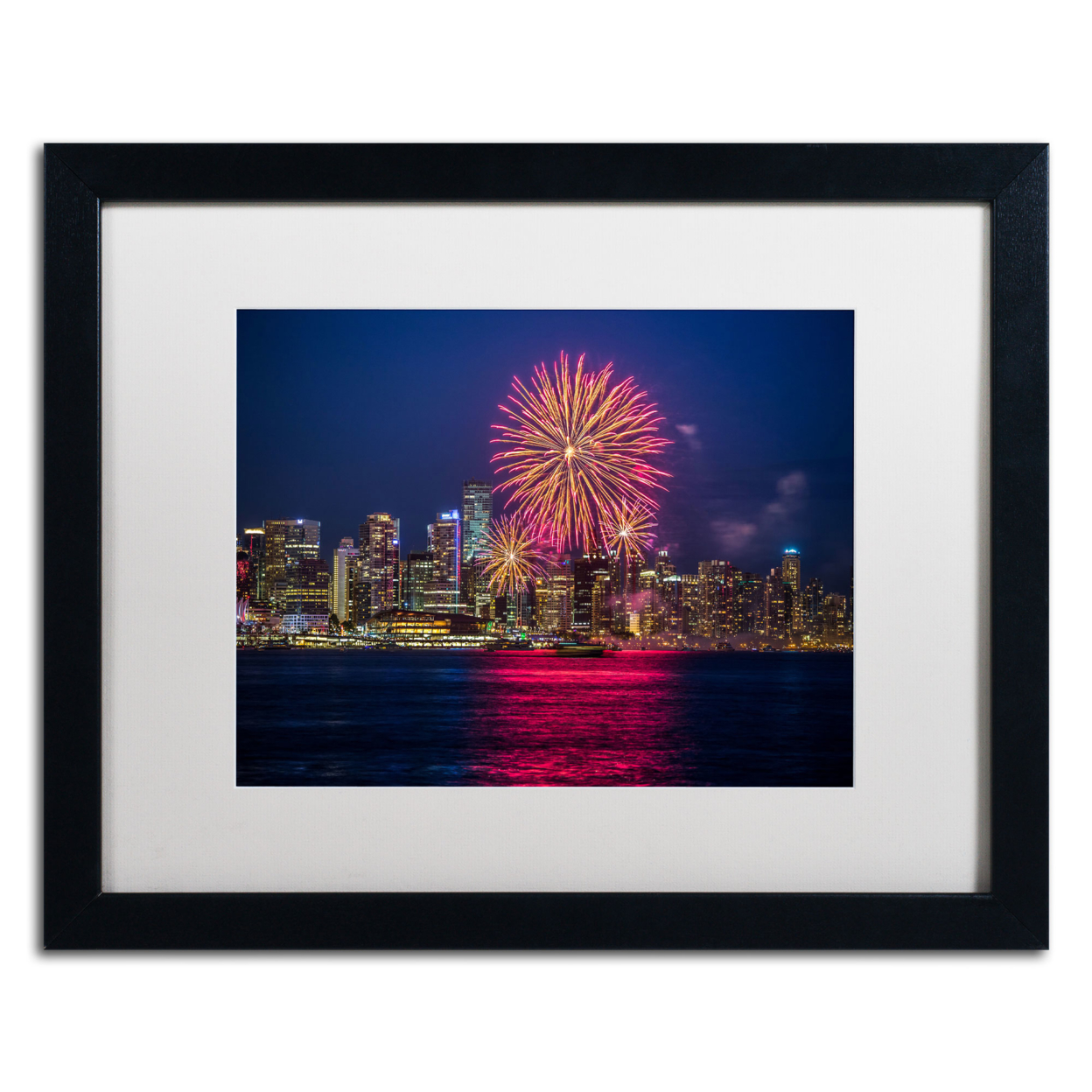 Pierre Leclerc 'Vancouver Fireworks' Black Wooden Framed Art 18 X 22 Inches