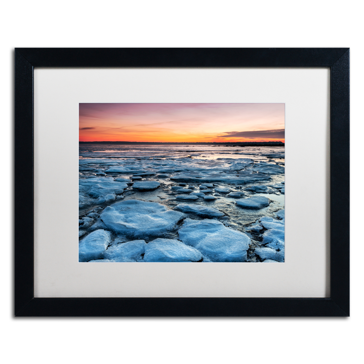 Pierre Leclerc 'Icy Sunrise 2' Black Wooden Framed Art 18 X 22 Inches