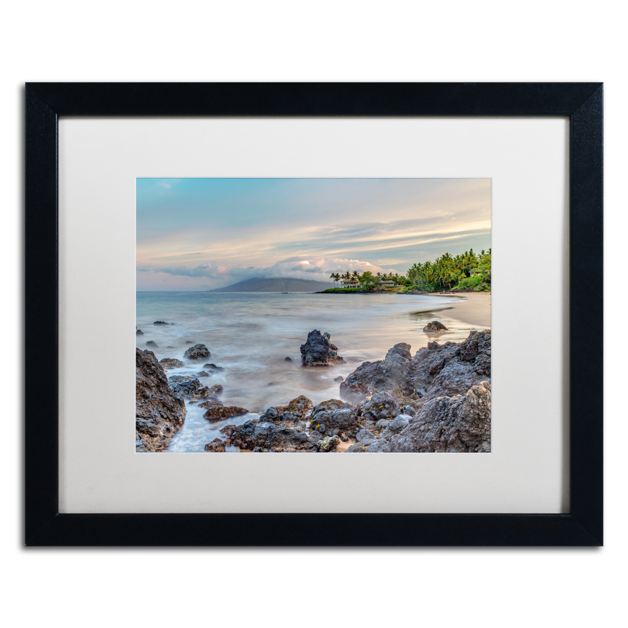 Pierre Leclerc 'Secret Beach Sunrise Maui' Black Wooden Framed Art 18 X 22 Inches