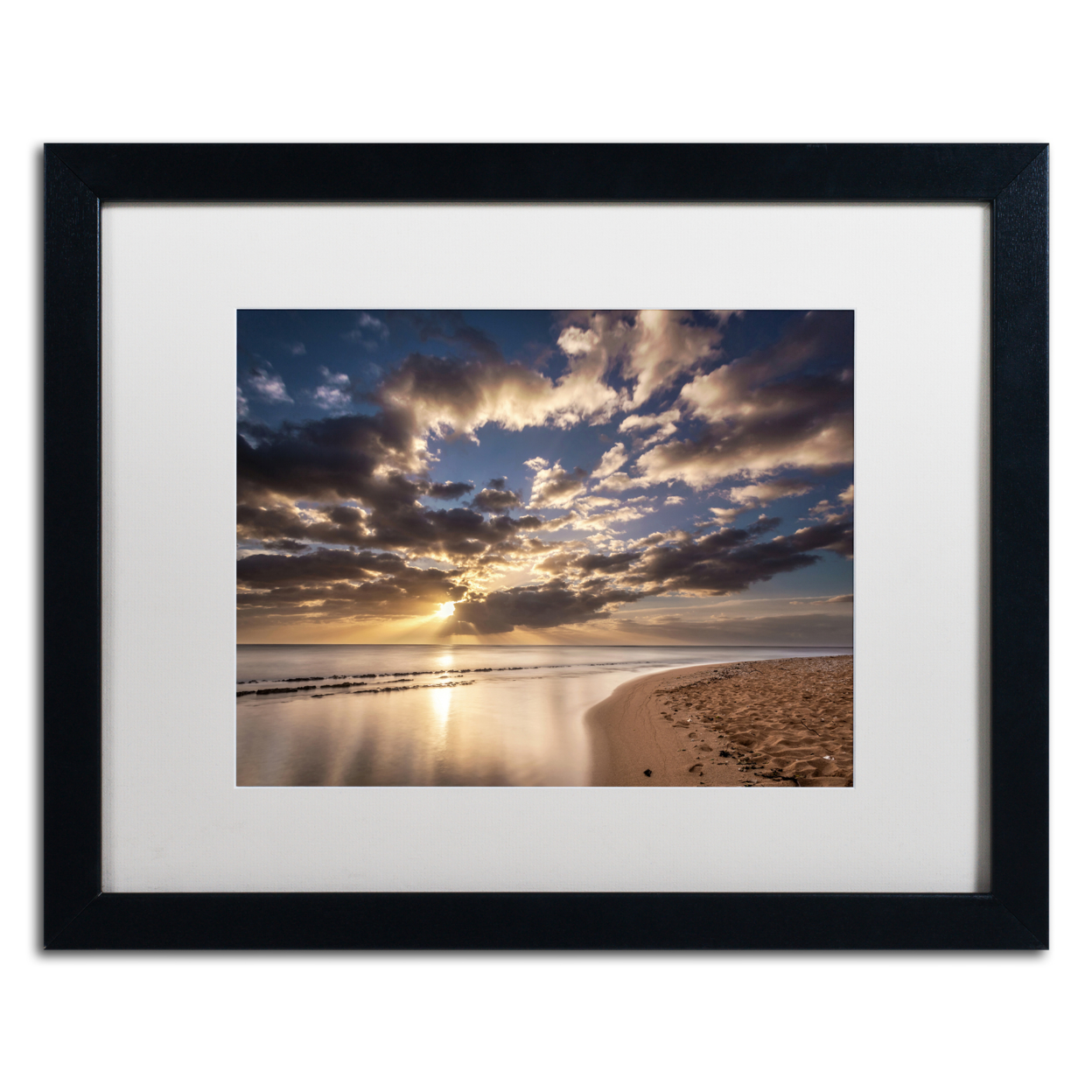 Pierre Leclerc 'Kauai Beach Sunrise' Black Wooden Framed Art 18 X 22 Inches