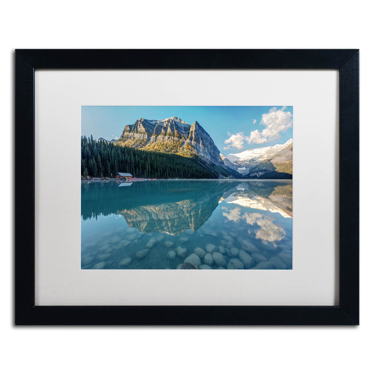 Pierre Leclerc 'Calm Lake Louise Morning' Black Wooden Framed Art 18 X 22 Inches