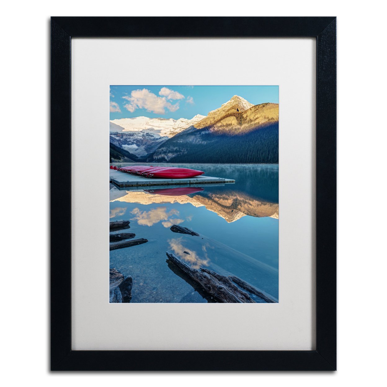 Pierre Leclerc 'Lake Louise Canoes' Black Wooden Framed Art 18 X 22 Inches
