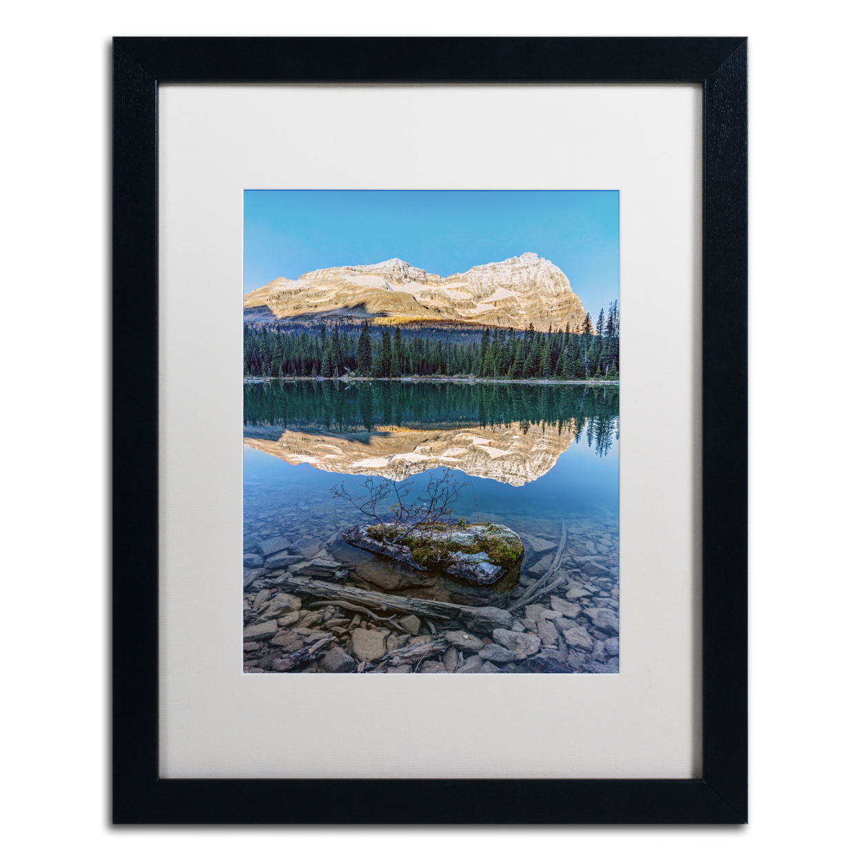 Pierre Leclerc 'Calm O'Hara Lake Sunrise' Black Wooden Framed Art 18 X 22 Inches