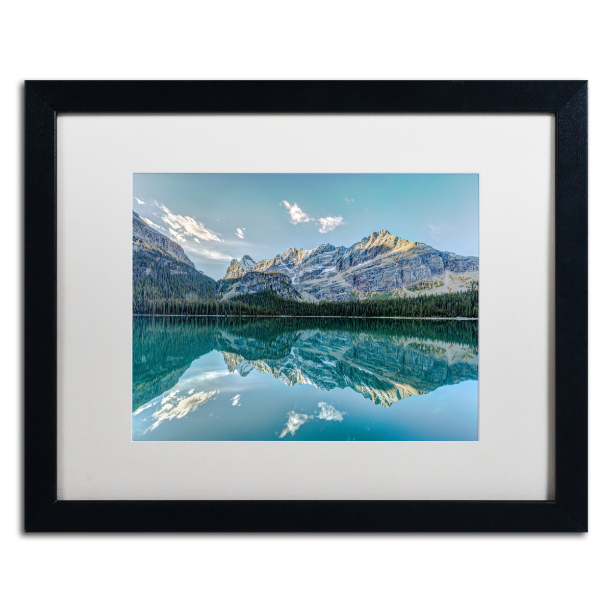 Pierre Leclerc 'O'Hara Lake Reflections At Dawn' Black Wooden Framed Art 18 X 22 Inches