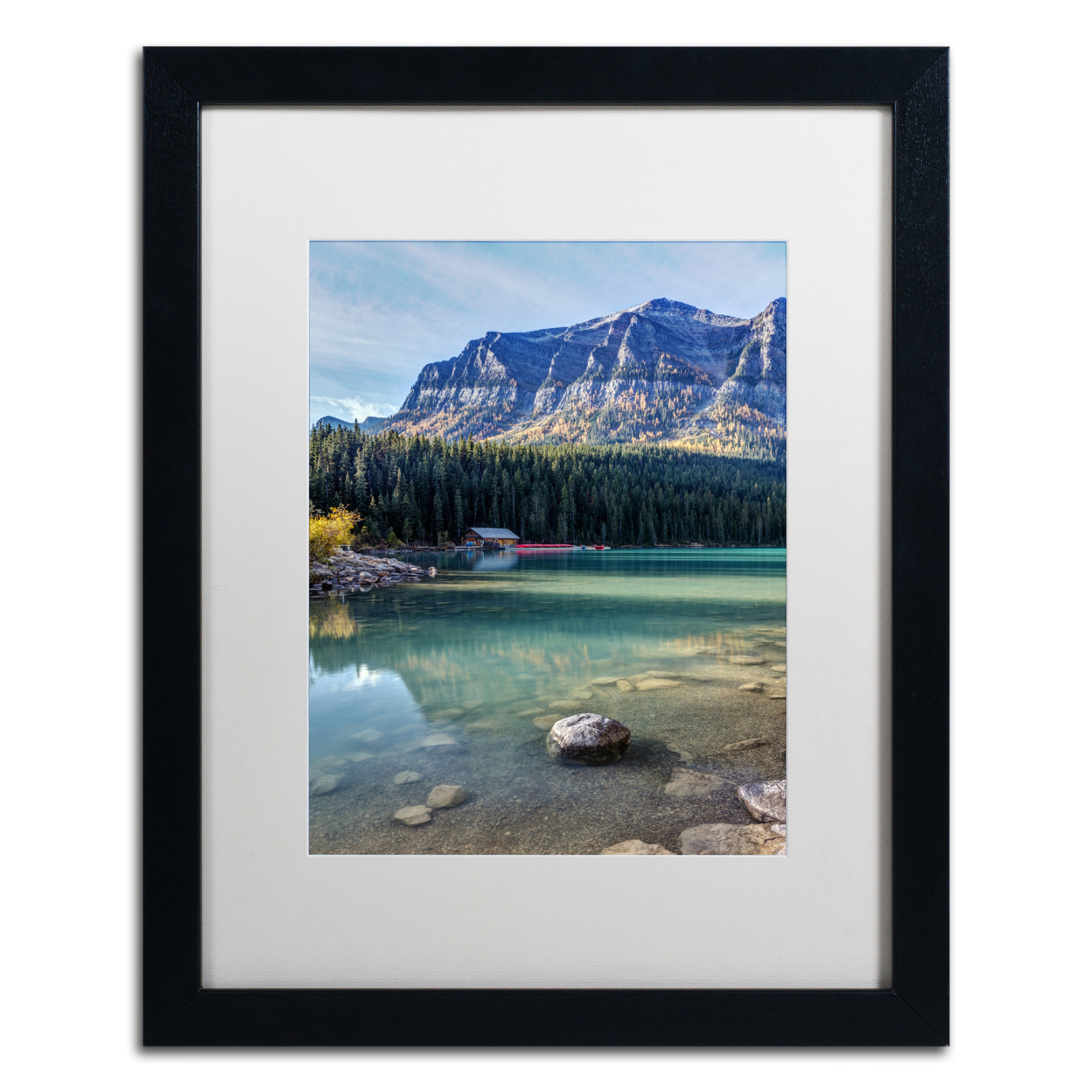 Pierre Leclerc 'Cabin At Lake Louise' Black Wooden Framed Art 18 X 22 Inches