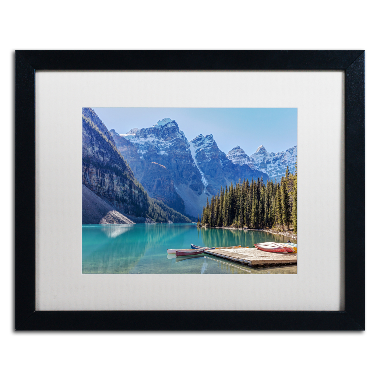 Pierre Leclerc 'Moraine Lake Canoes' Black Wooden Framed Art 18 X 22 Inches