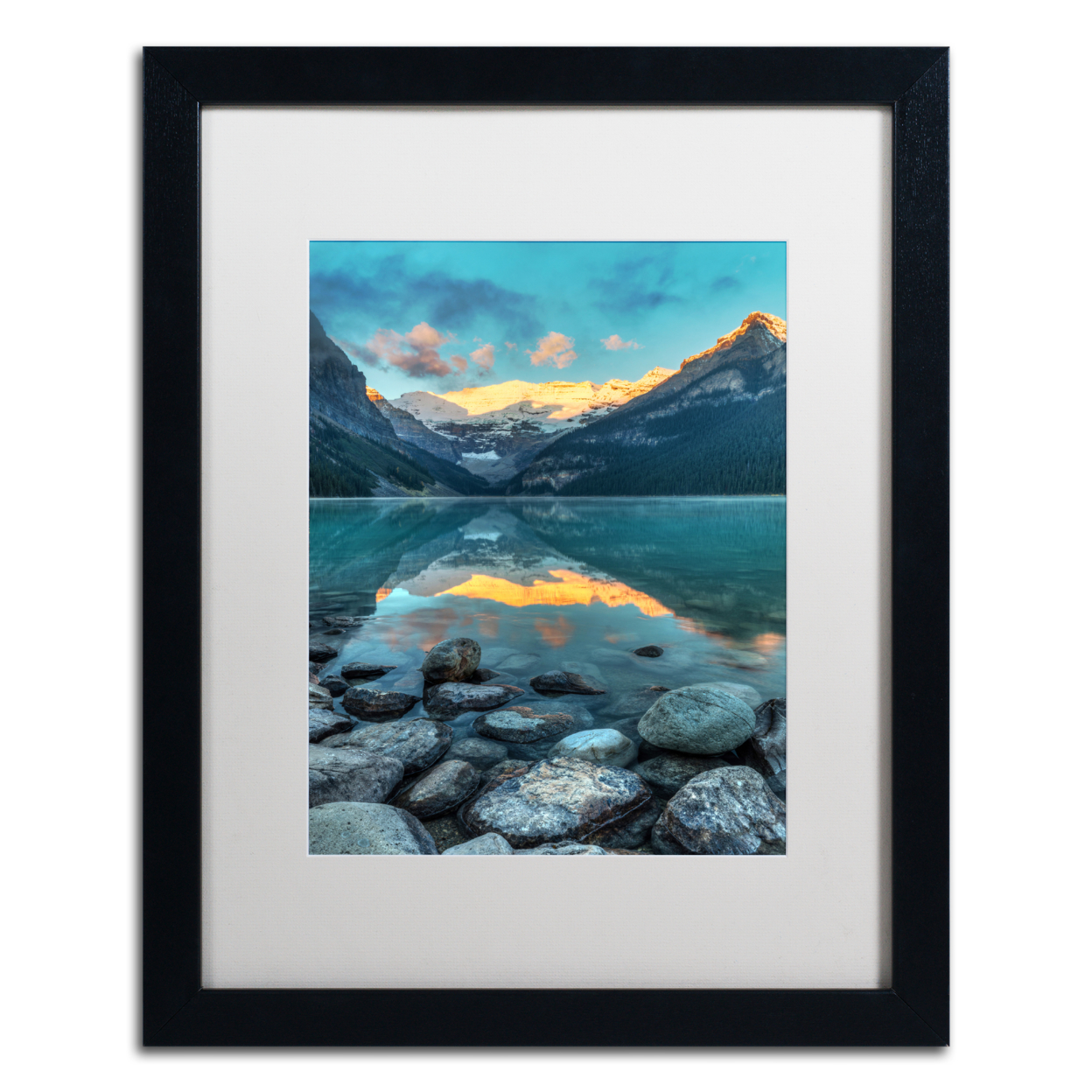 Pierre Leclerc 'Lake Louise Sunrise' Black Wooden Framed Art 18 X 22 Inches