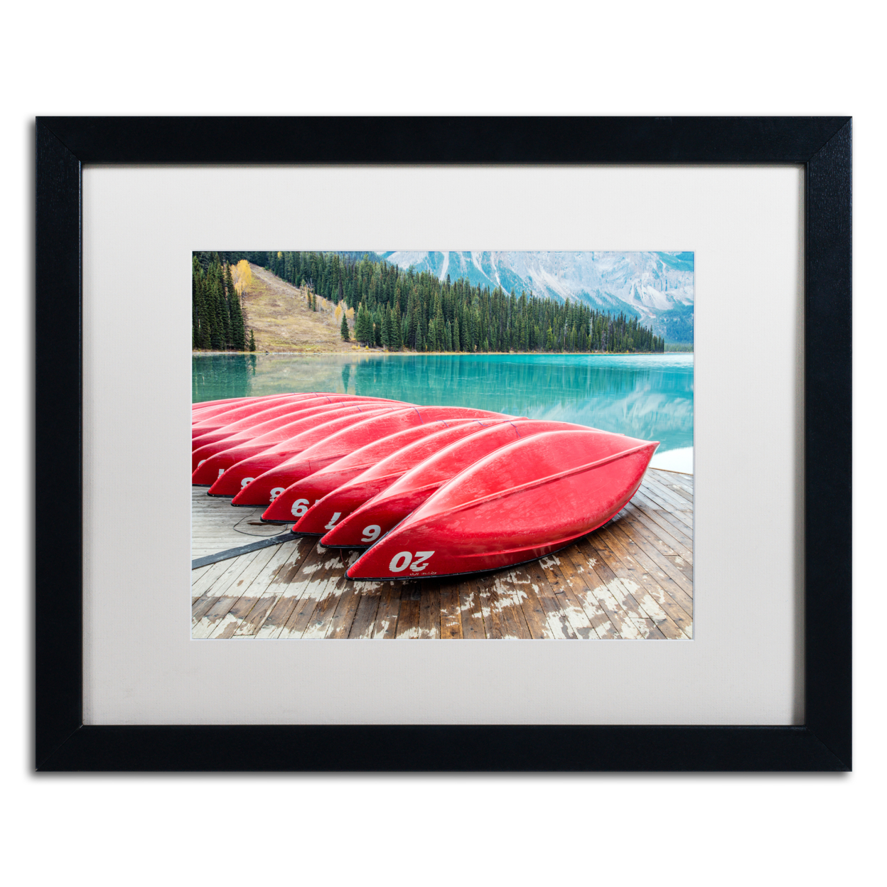 Pierre Leclerc 'Red Canoes Of Emerald Lake' Black Wooden Framed Art 18 X 22 Inches