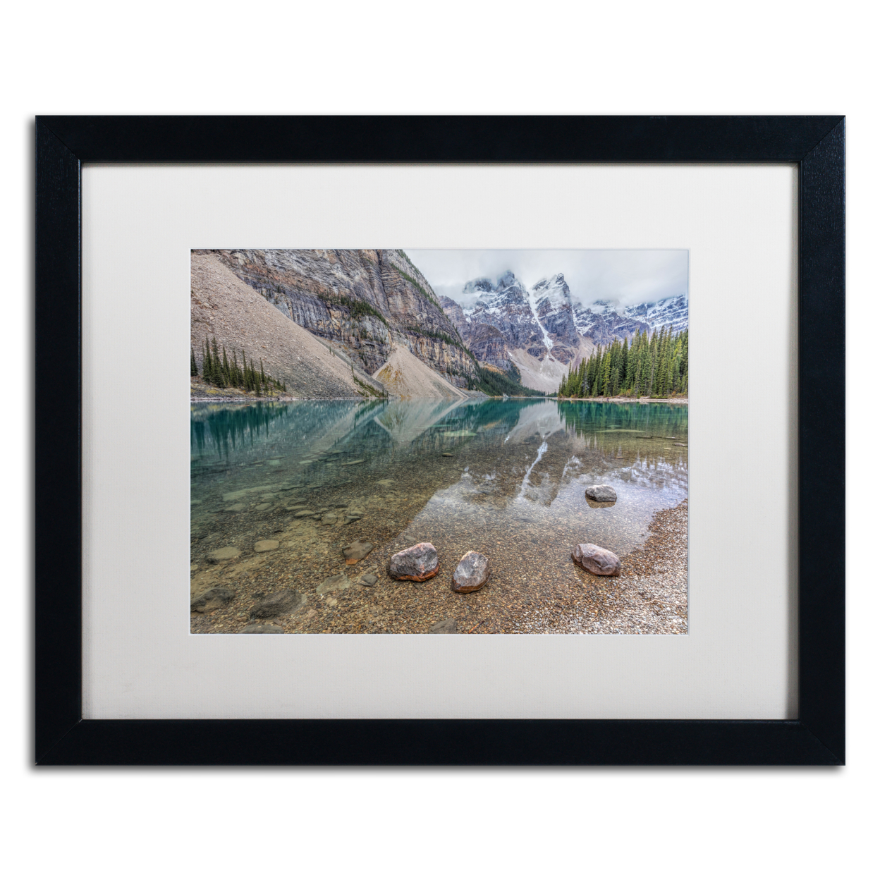 Pierre Leclerc 'Calm Moraine Lake ' Black Wooden Framed Art 18 X 22 Inches