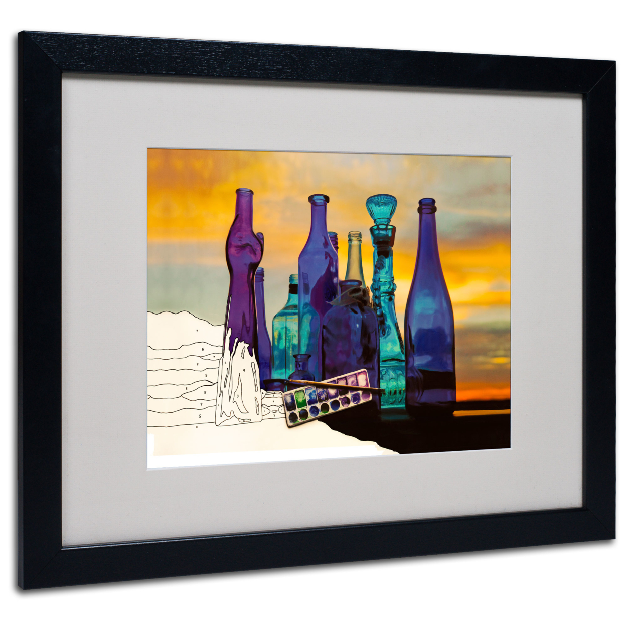 Roderick Stevens 'Blue Sunset By Numbers' Black Wooden Framed Art 18 X 22 Inches