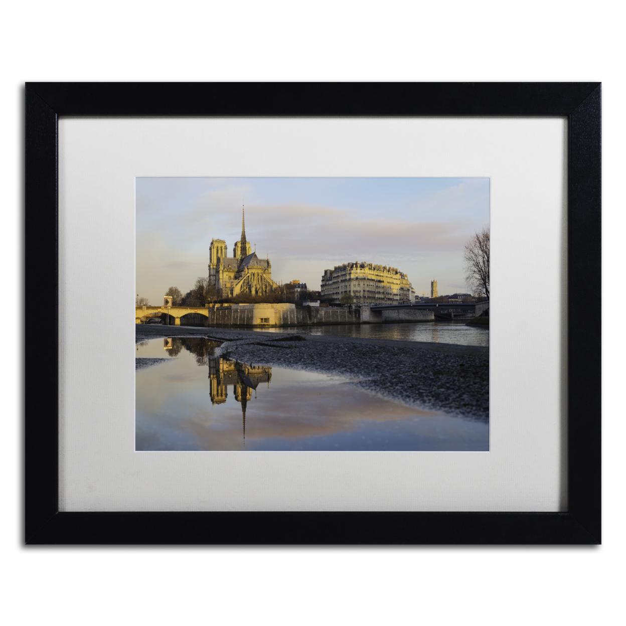 Mathieu Rivrin 'Sunrise In Notre Dame De Paris' Black Wooden Framed Art 18 X 22 Inches