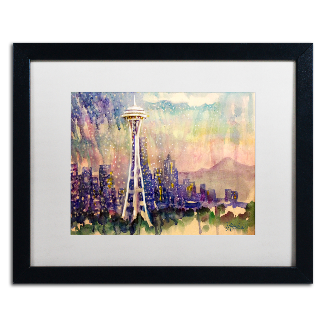 Wendra 'Space Needle Snow' Black Wooden Framed Art 18 X 22 Inches
