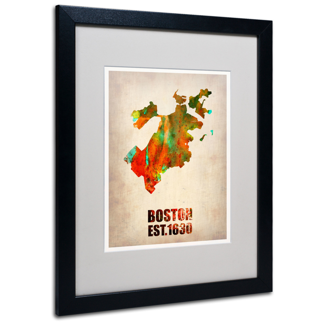 Naxart 'Boston Watercolor Map' Black Wooden Framed Art 18 X 22 Inches