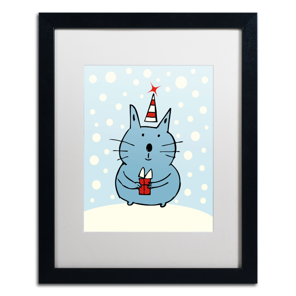 Carla Martell 'Christmas Snow Cat' Black Wooden Framed Art 18 X 22 Inches