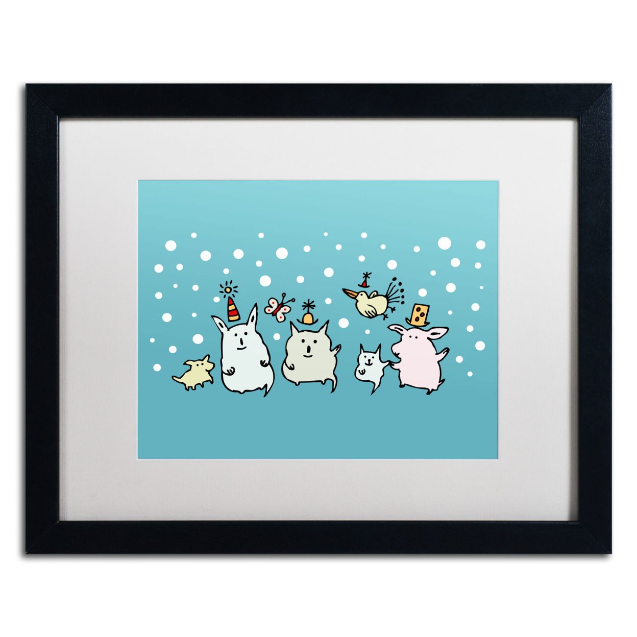 Carla Martell 'Christmas Creatures In Blue' Black Wooden Framed Art 18 X 22 Inches