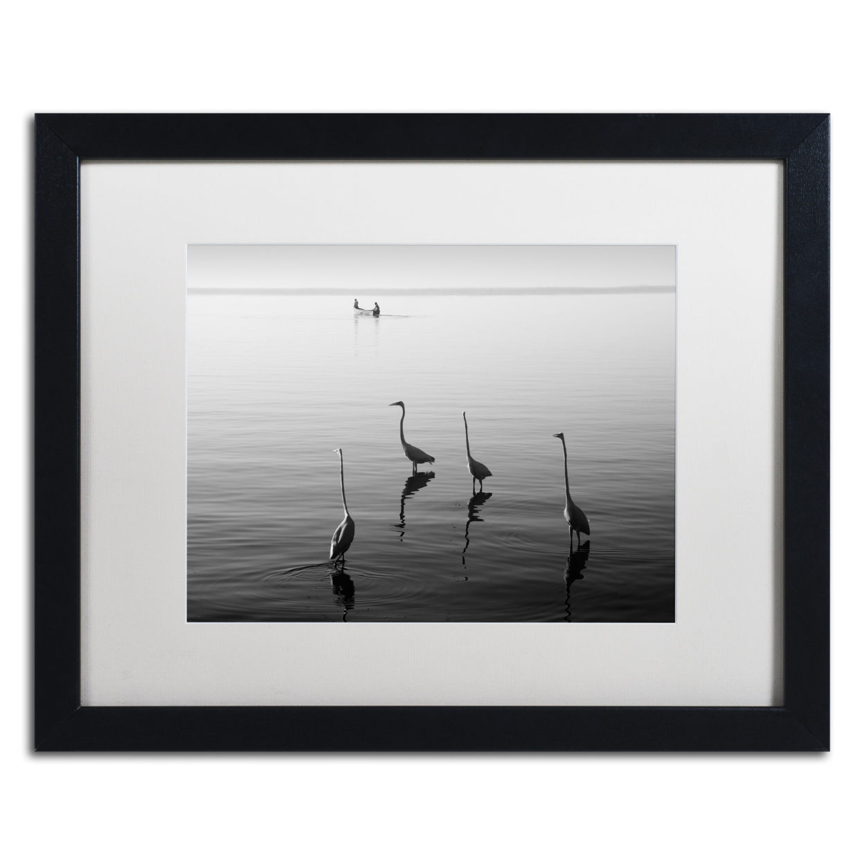 Moises Levy '4 Herons And Boat' Black Wooden Framed Art 18 X 22 Inches