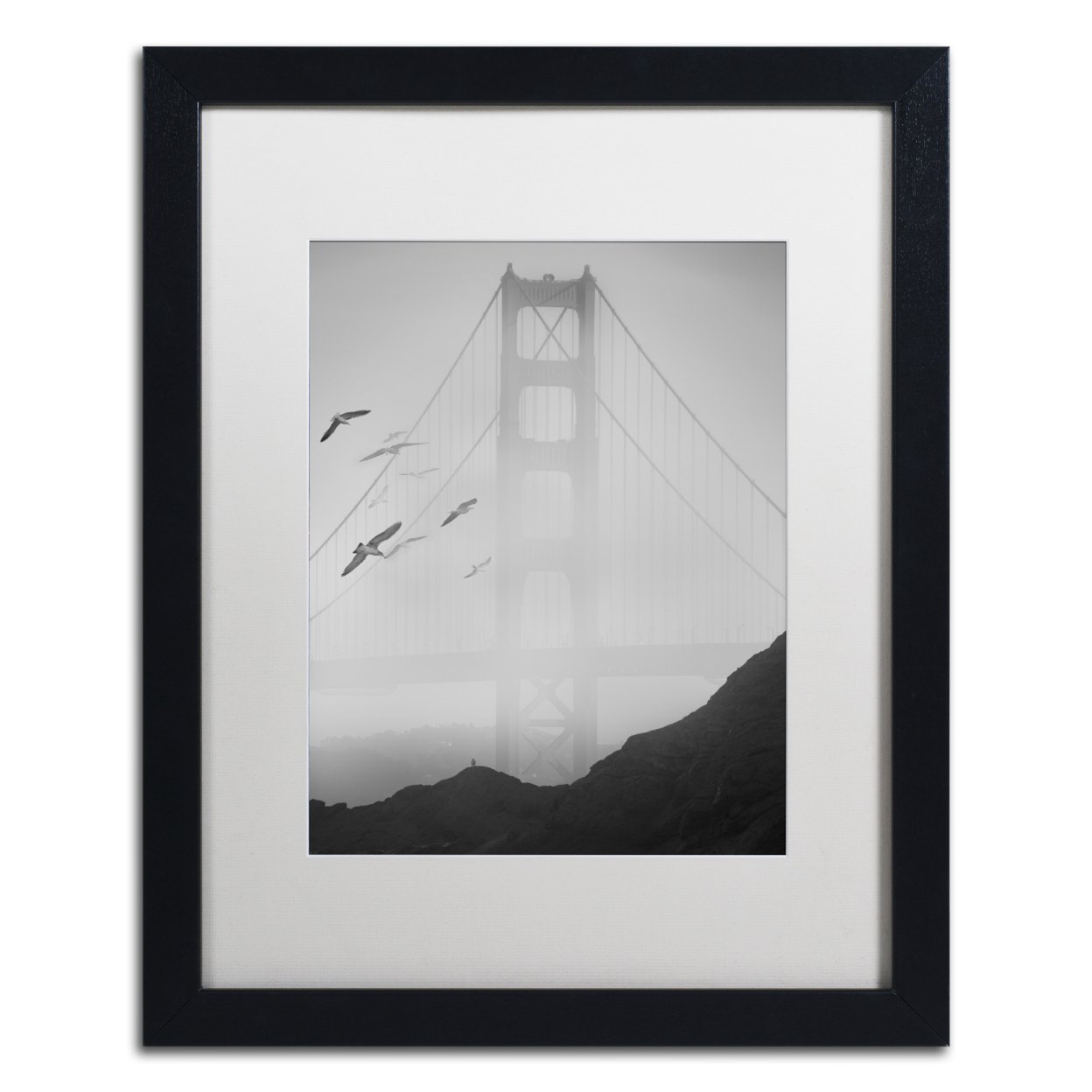 Moises Levy 'Golden Gate Pier And Birds I' Black Wooden Framed Art 18 X 22 Inches