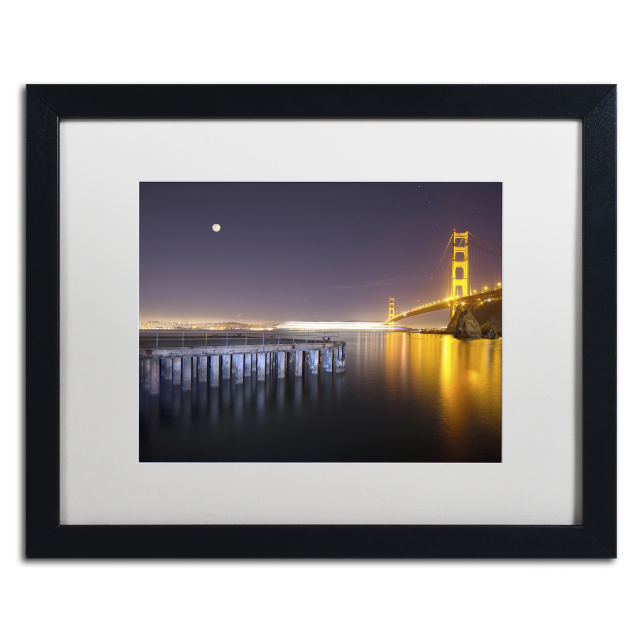 Moises Levy 'Golden Gate Pier And Stars' Black Wooden Framed Art 18 X 22 Inches