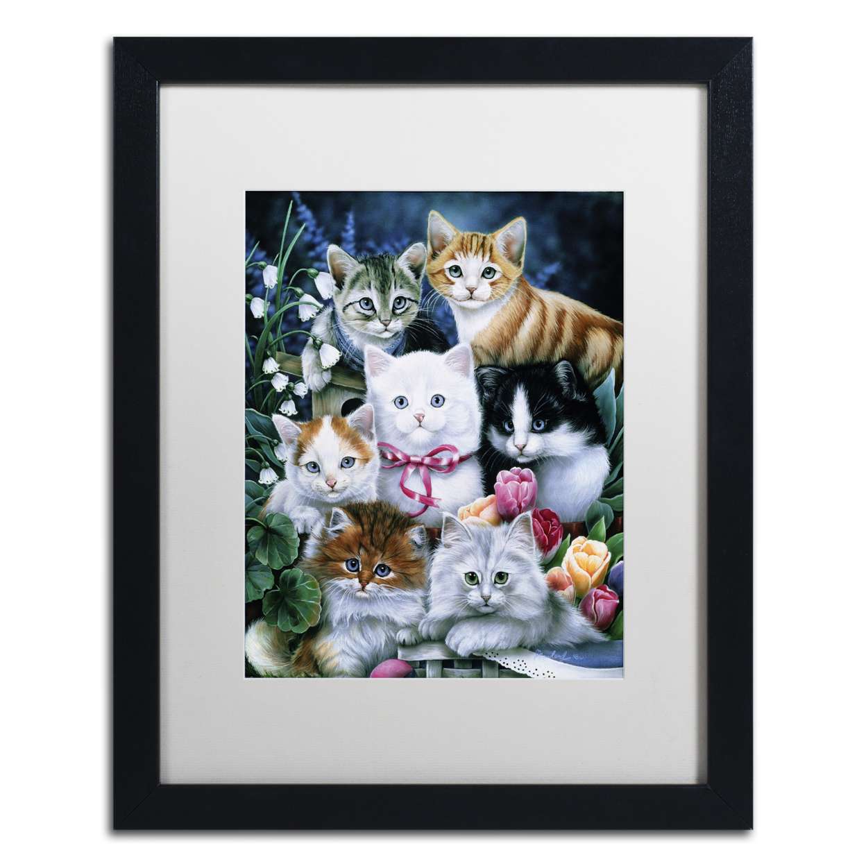Jenny Newland 'Kittens' Black Wooden Framed Art 18 X 22 Inches