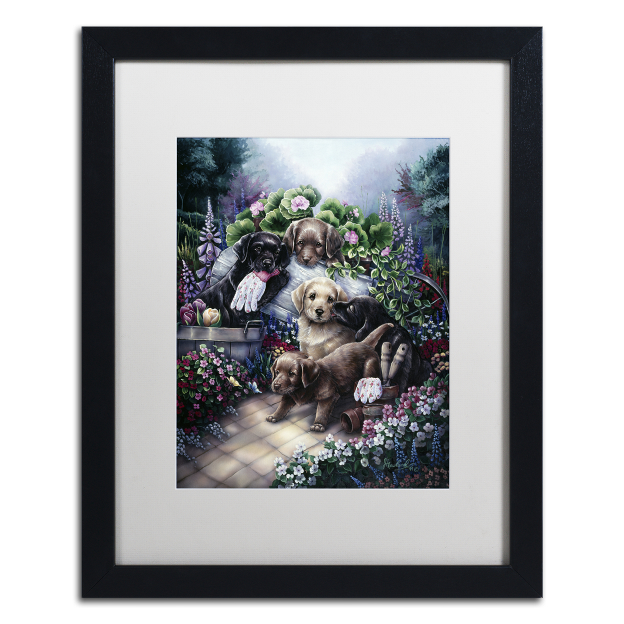Jenny Newland 'Gardening Puppies' Black Wooden Framed Art 18 X 22 Inches