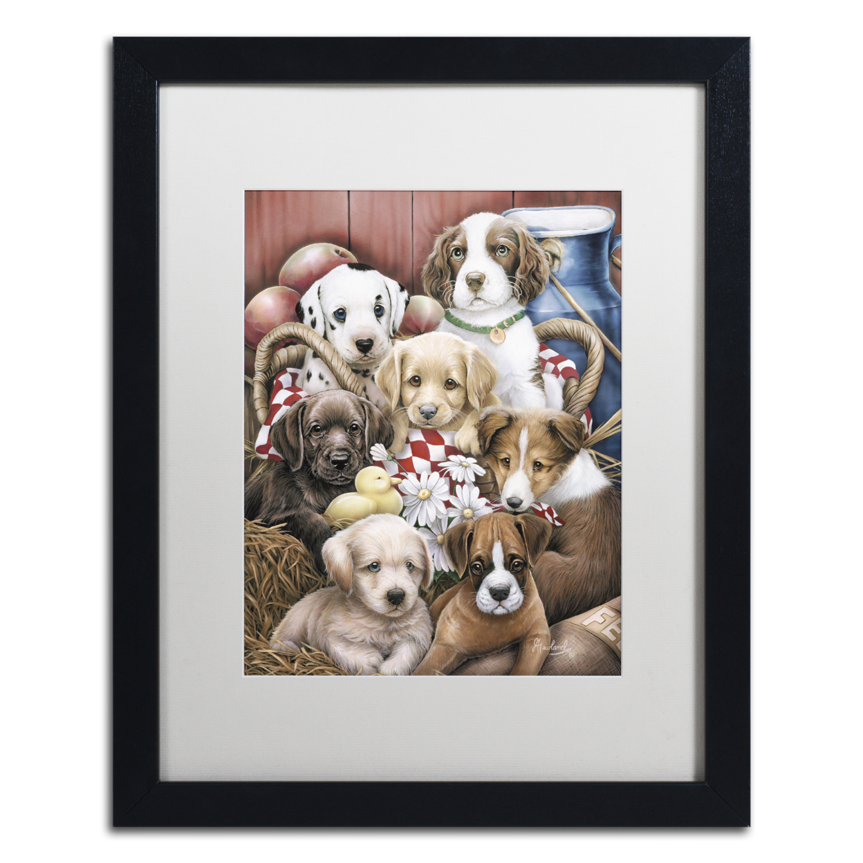 Jenny Newland 'Puppy Pals' Black Wooden Framed Art 18 X 22 Inches