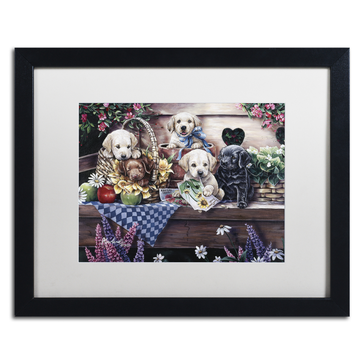 Jenny Newland 'Five Puppies' Black Wooden Framed Art 18 X 22 Inches