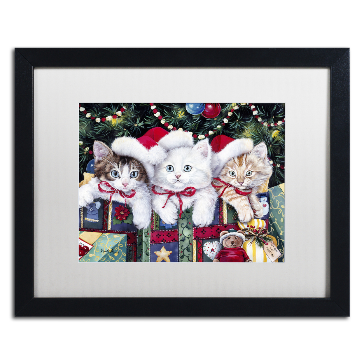 Jenny Newland 'Meowy Christmas' Black Wooden Framed Art 18 X 22 Inches