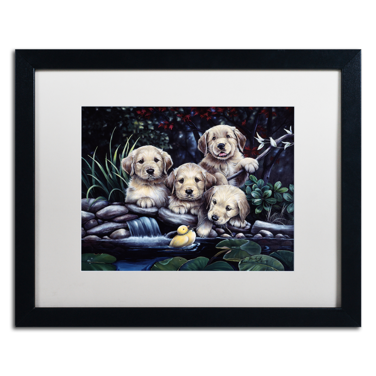 Jenny Newland 'Puppies To The Rescue' Black Wooden Framed Art 18 X 22 Inches