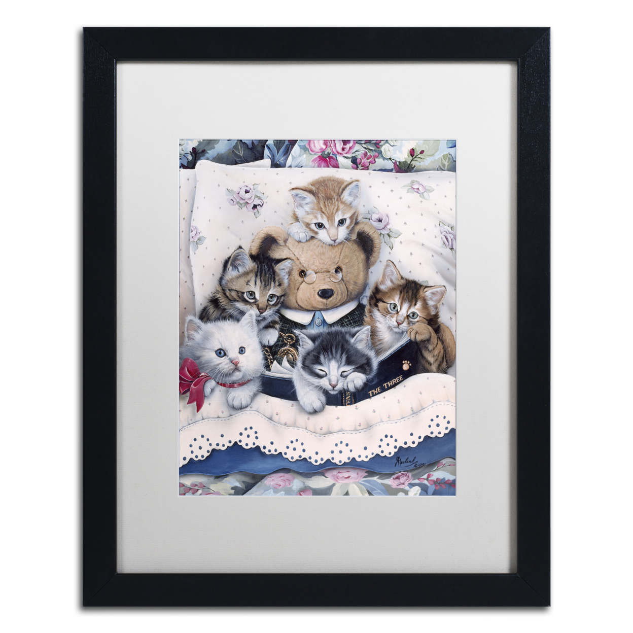 Jenny Newland 'Kittens And Teddy Bear' Black Wooden Framed Art 18 X 22 Inches