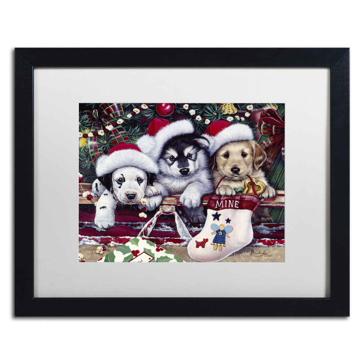 Jenny Newland 'A Tail Wagging Christmas' Black Wooden Framed Art 18 X 22 Inches