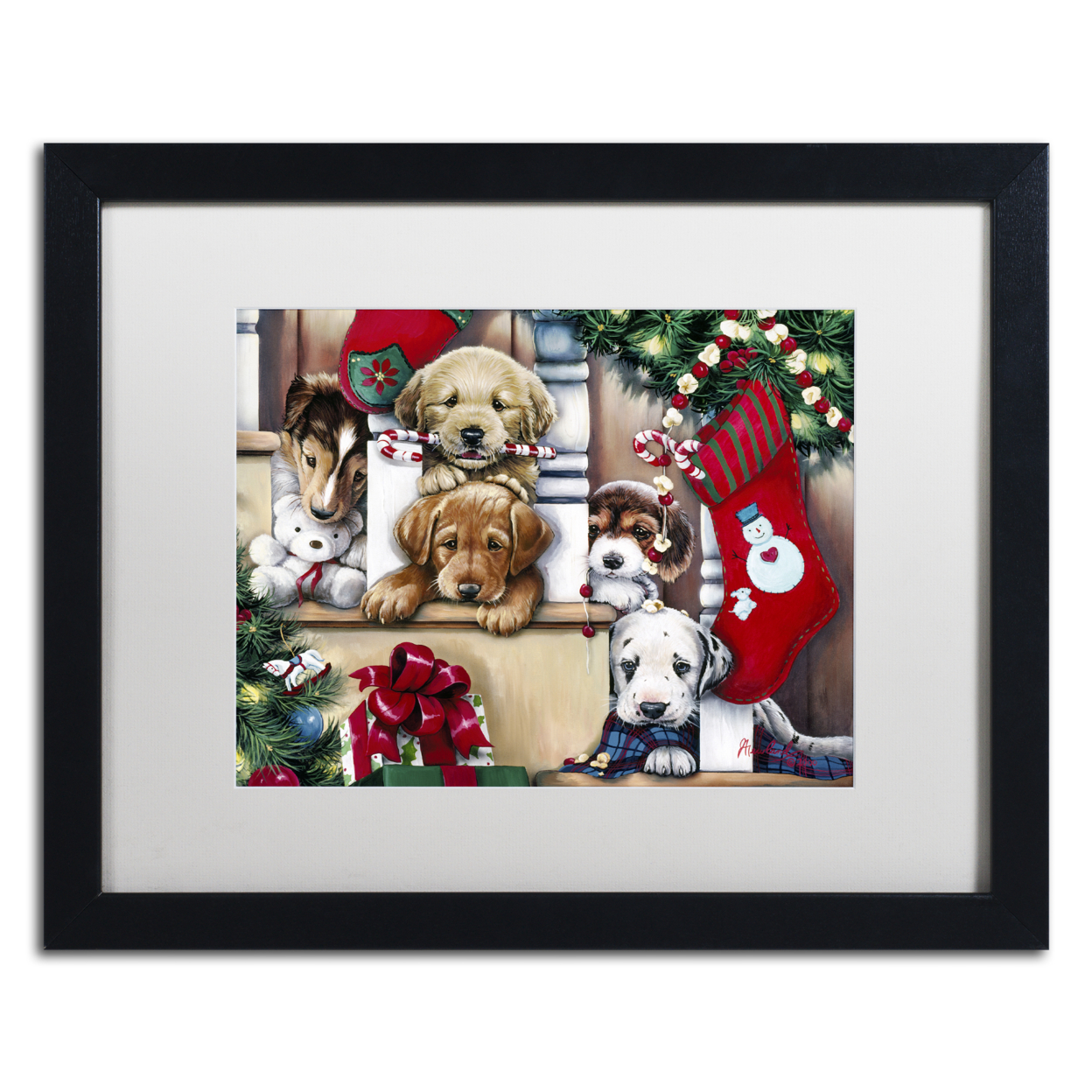 Jenny Newland 'Christmas Puppies On The Loose' Black Wooden Framed Art 18 X 22 Inches