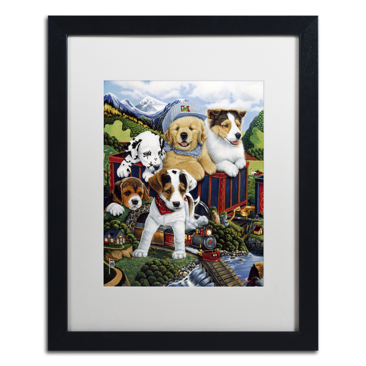 Jenny Newland 'Choo Choo Puppies' Black Wooden Framed Art 18 X 22 Inches