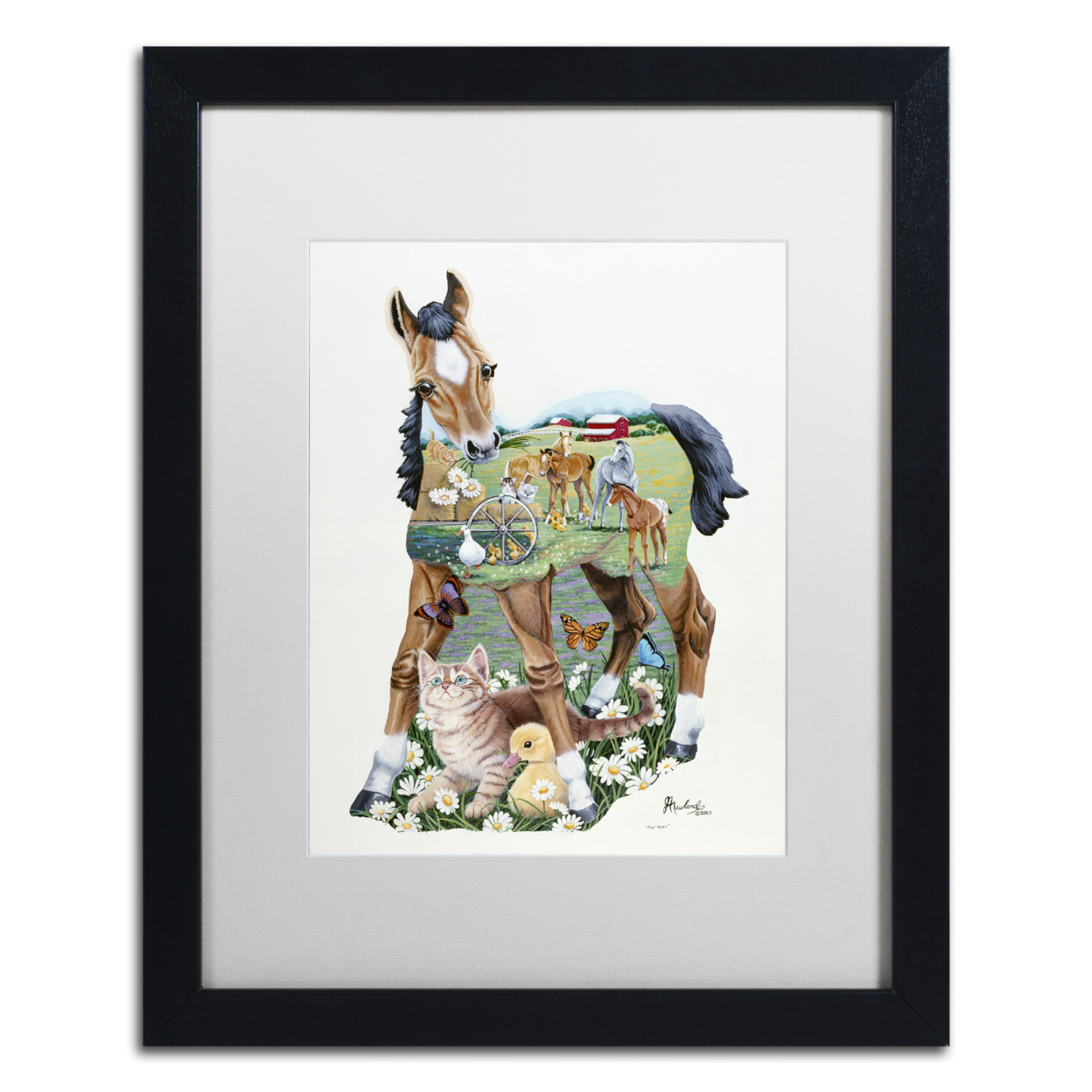 Jenny Newland 'Pony Tails' Black Wooden Framed Art 18 X 22 Inches
