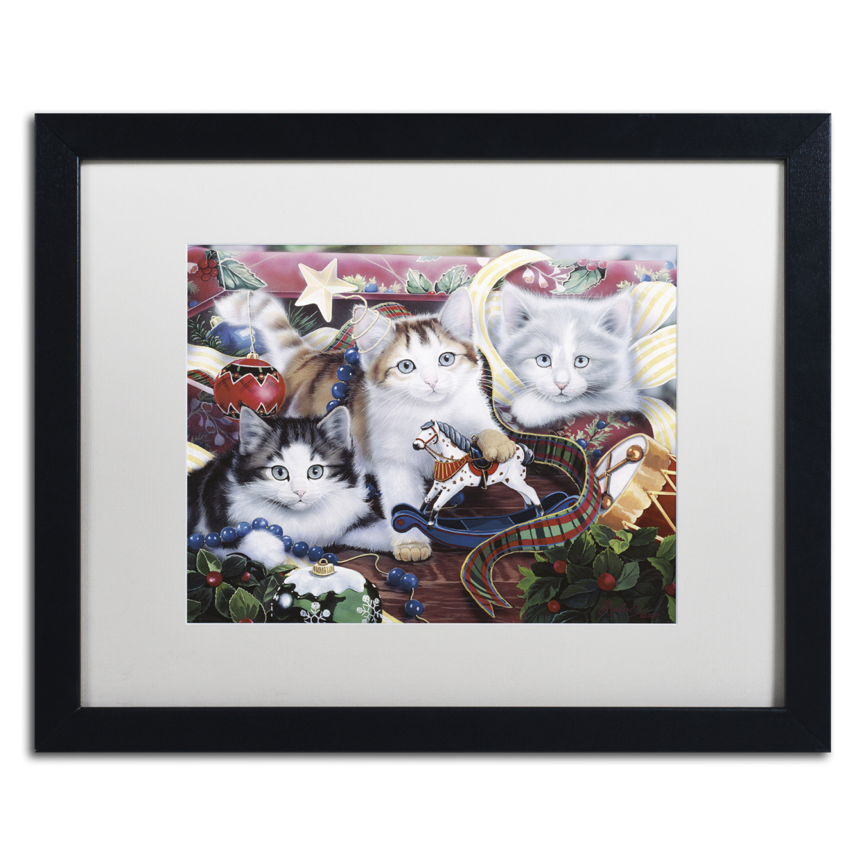Jenny Newland 'Christmas Kittens & All The Trim'Ns' Black Wooden Framed Art 18 X 22 Inches