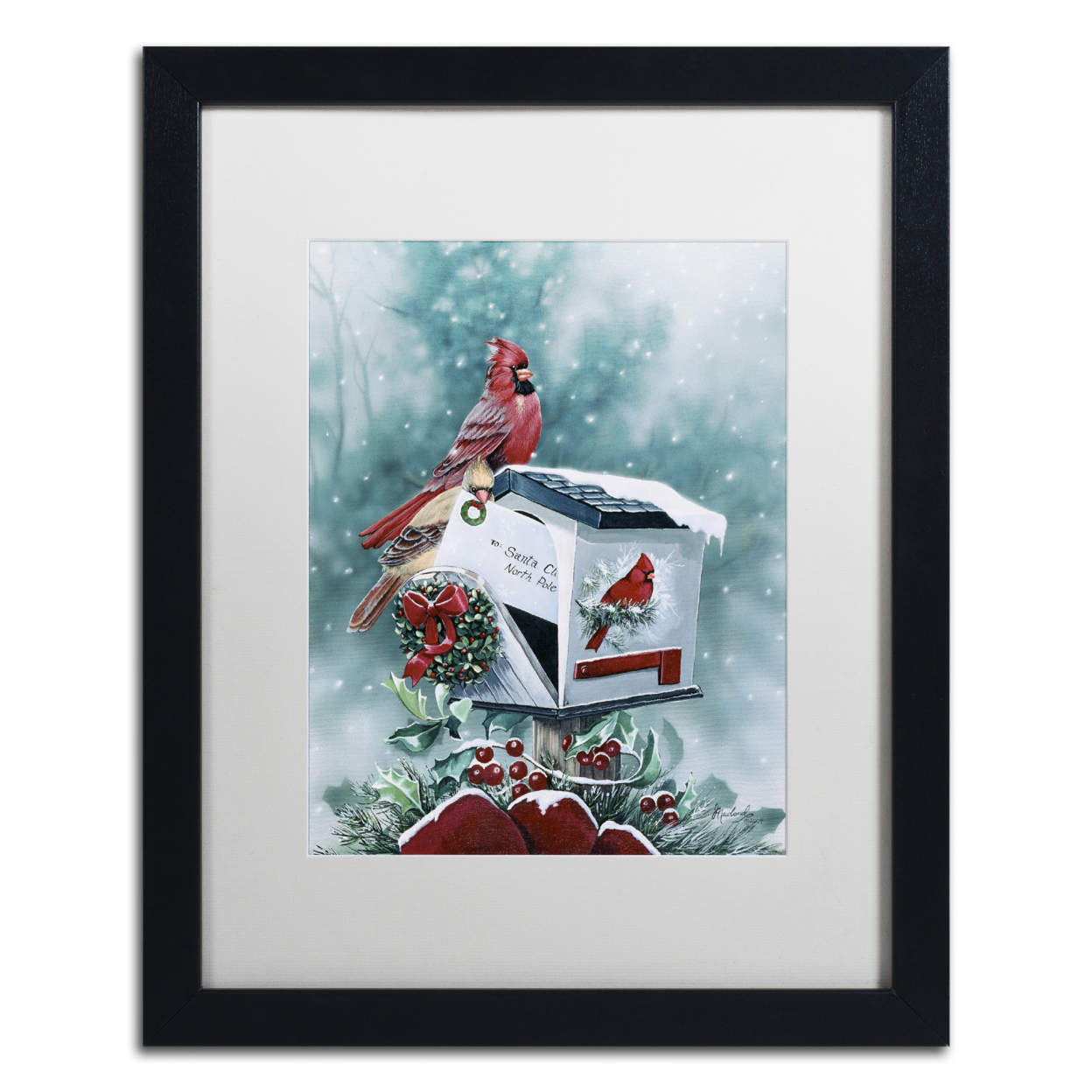 Jenny Newland 'Christmas Cardinals' Black Wooden Framed Art 18 X 22 Inches