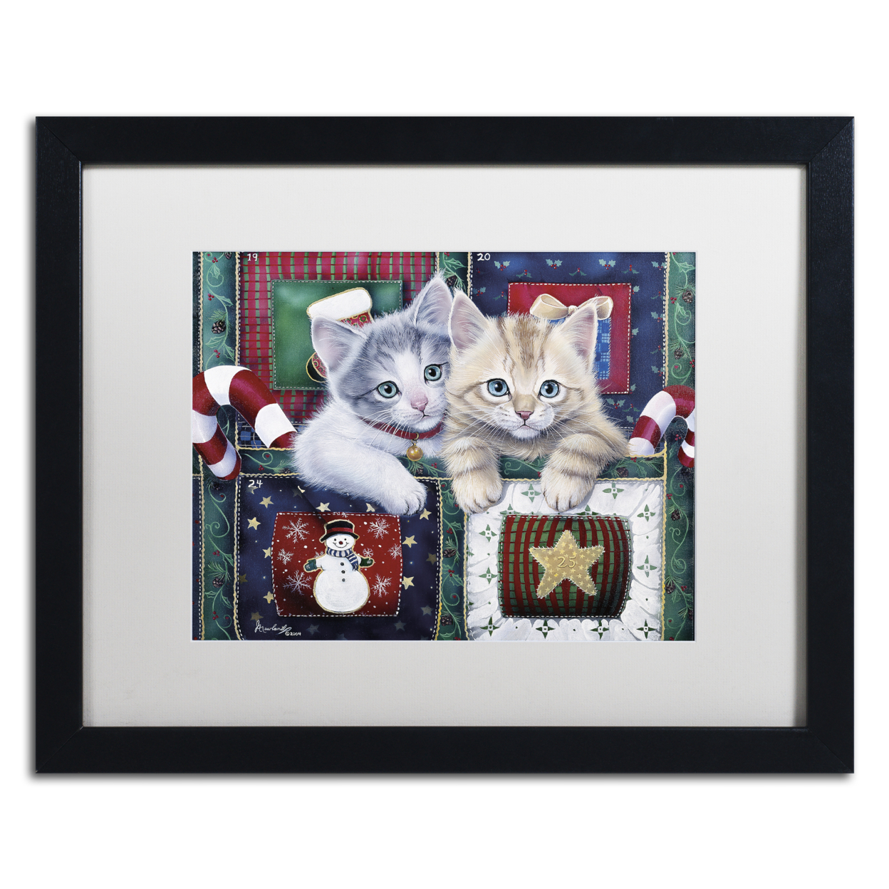 Jenny Newland 'Christmas Calendar Kittens' Black Wooden Framed Art 18 X 22 Inches