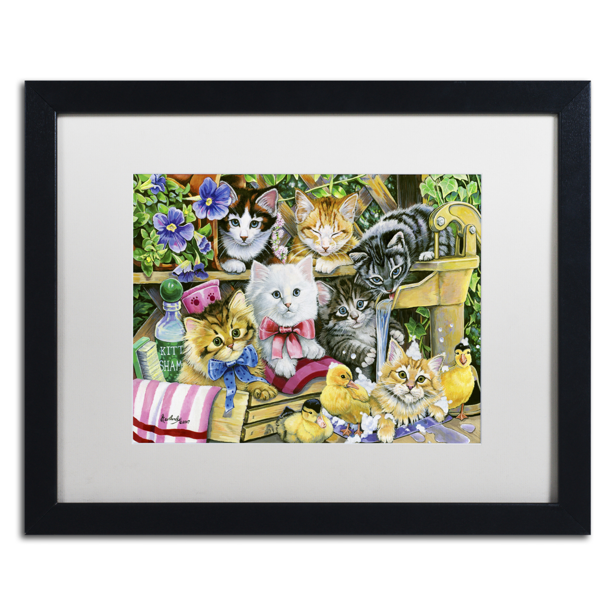 Jenny Newland 'Bathtime Kittens' Black Wooden Framed Art 18 X 22 Inches