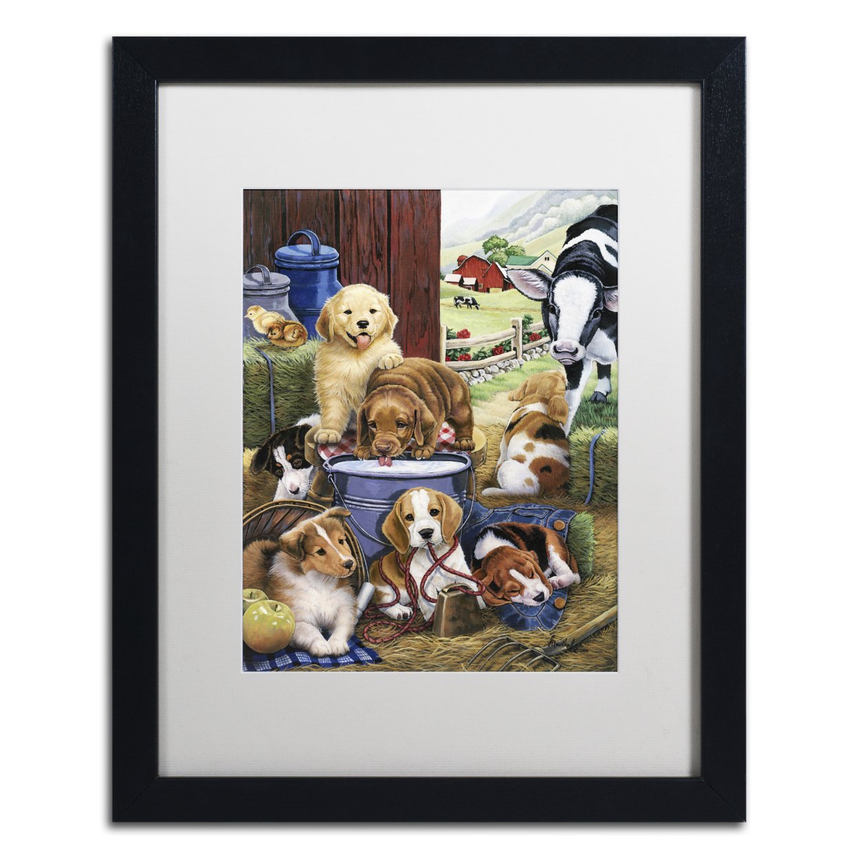 Jenny Newland 'Puppy Hayday' Black Wooden Framed Art 18 X 22 Inches