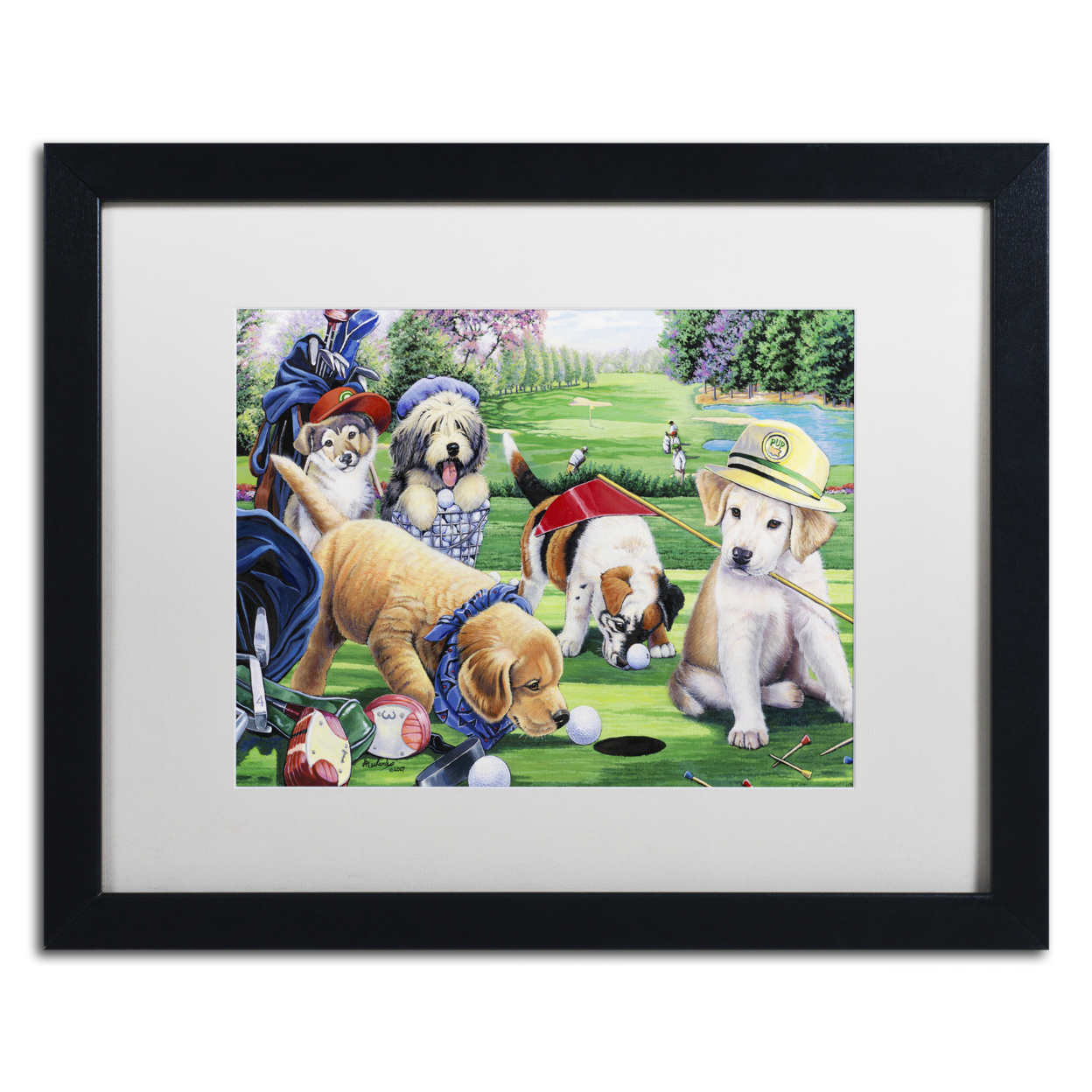 Jenny Newland 'Golfing Puppies' Black Wooden Framed Art 18 X 22 Inches