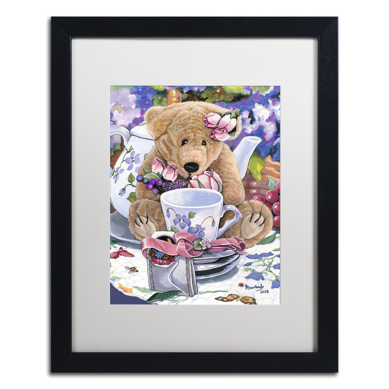 Jenny Newland 'Tea Party Bear 1' Black Wooden Framed Art 18 X 22 Inches