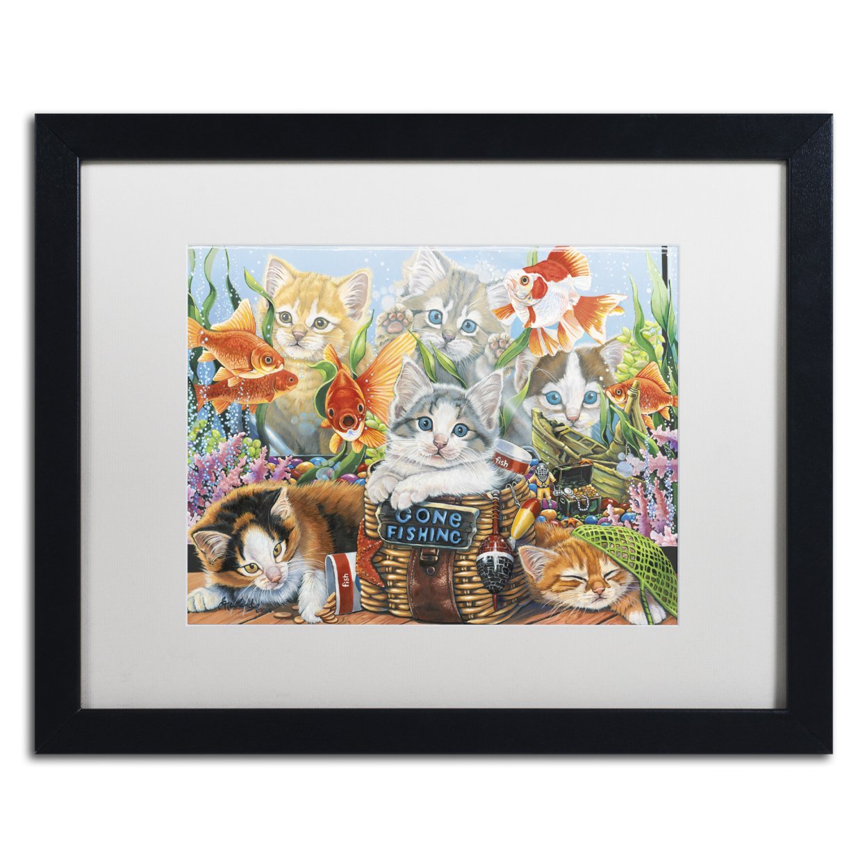 Jenny Newland 'Gone Fishing' Black Wooden Framed Art 18 X 22 Inches