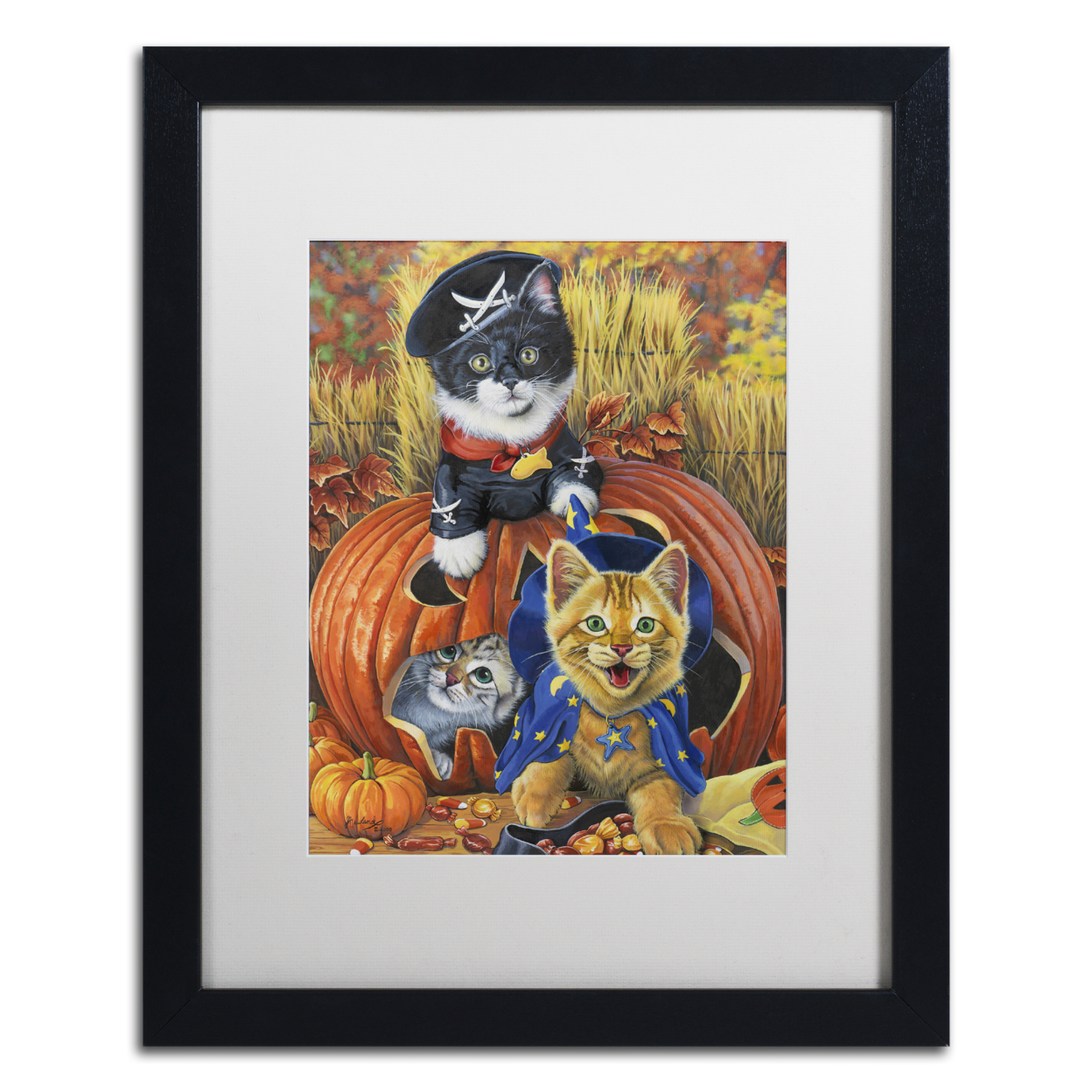 Jenny Newland 'Halloween Kittens' Black Wooden Framed Art 18 X 22 Inches