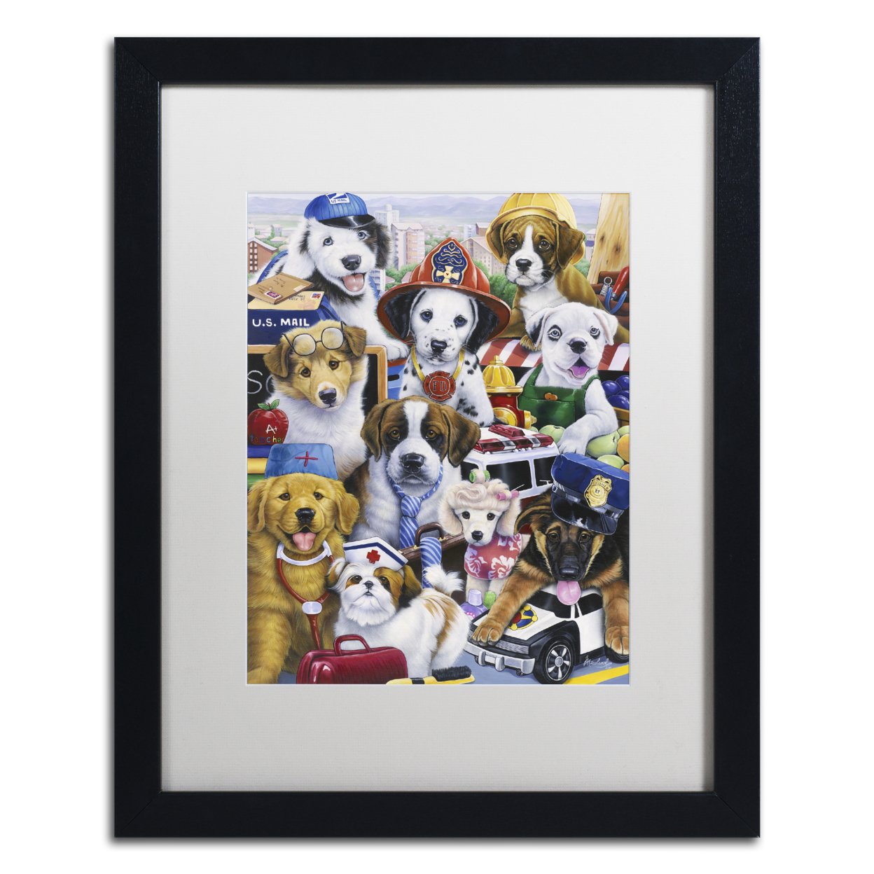 Jenny Newland 'Working Puppies' Black Wooden Framed Art 18 X 22 Inches