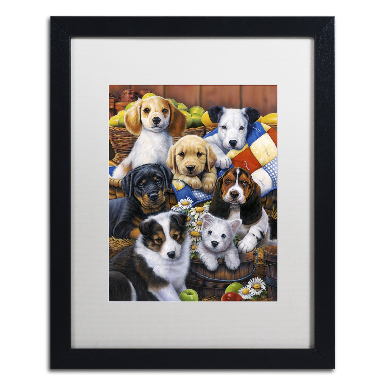Jenny Newland 'Country Bumpkin Puppies' Black Wooden Framed Art 18 X 22 Inches