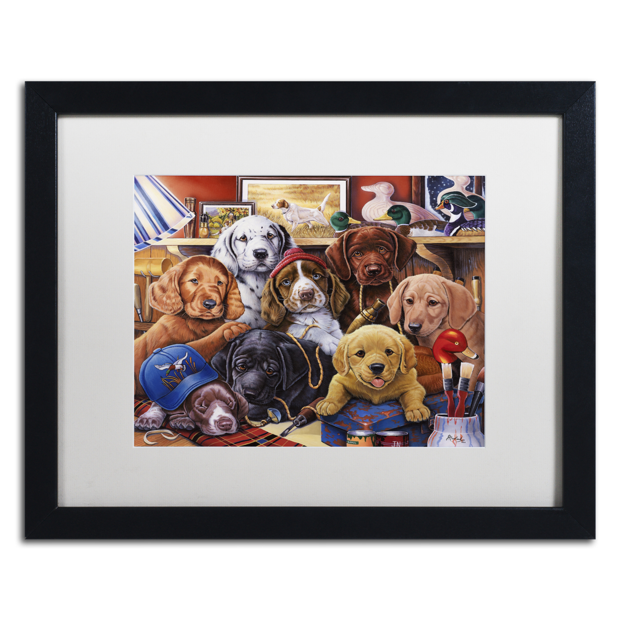 Jenny Newland 'Grandpa?s Puppies' Black Wooden Framed Art 18 X 22 Inches