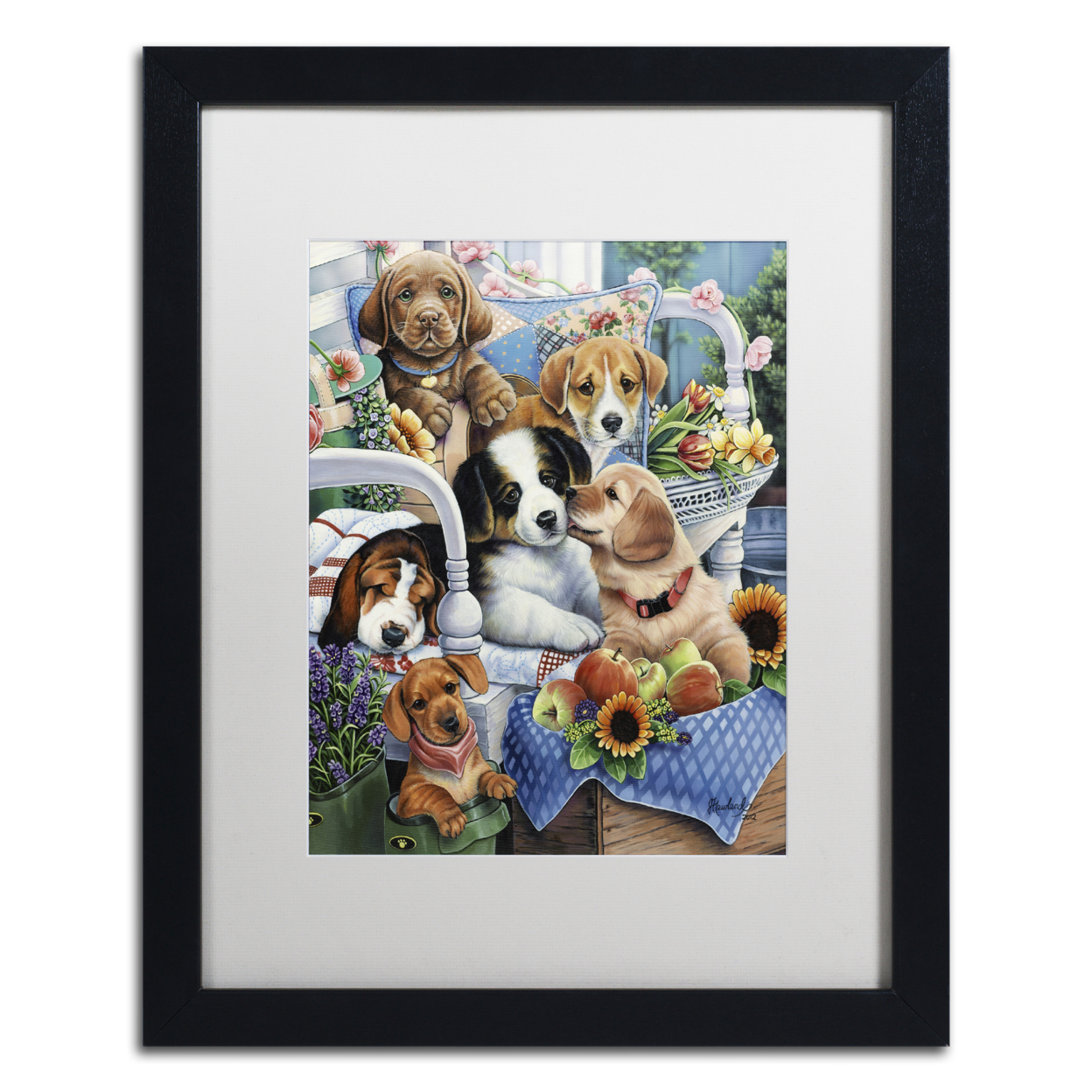 Jenny Newland 'Country Pups' Black Wooden Framed Art 18 X 22 Inches