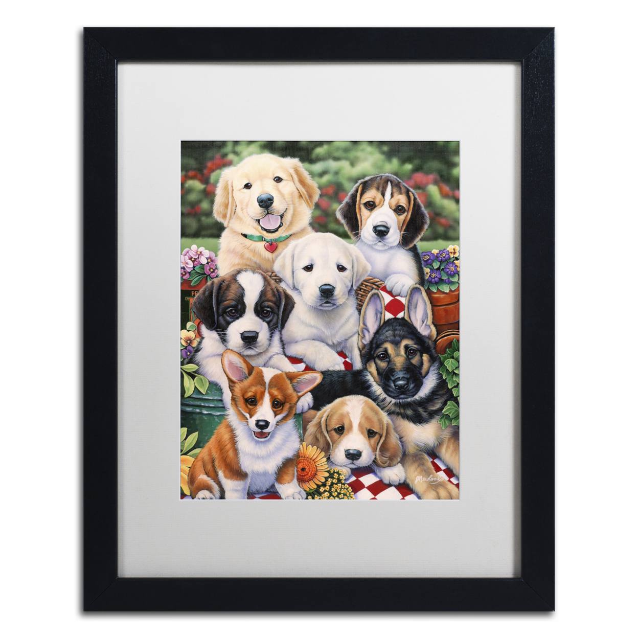 Jenny Newland 'Garden Puppies' Black Wooden Framed Art 18 X 22 Inches