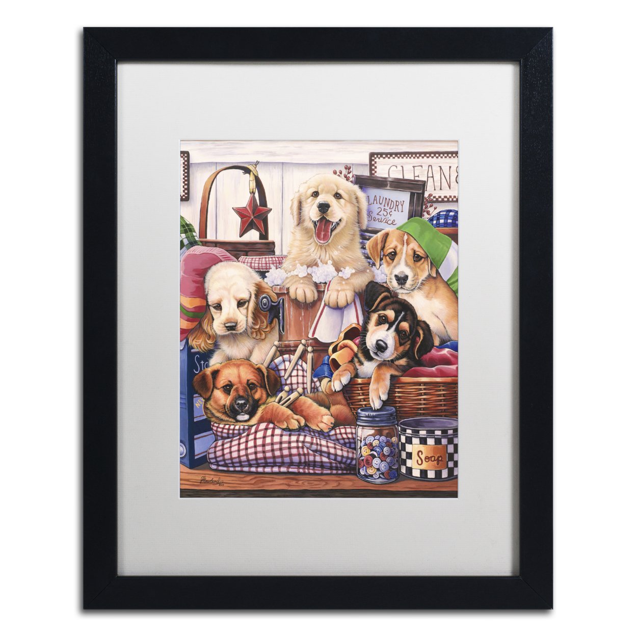 Jenny Newland 'Suds And Pups' Black Wooden Framed Art 18 X 22 Inches