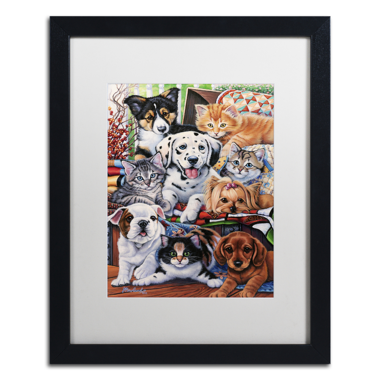 Jenny Newland 'Country Pups And Kittens II' Black Wooden Framed Art 18 X 22 Inches